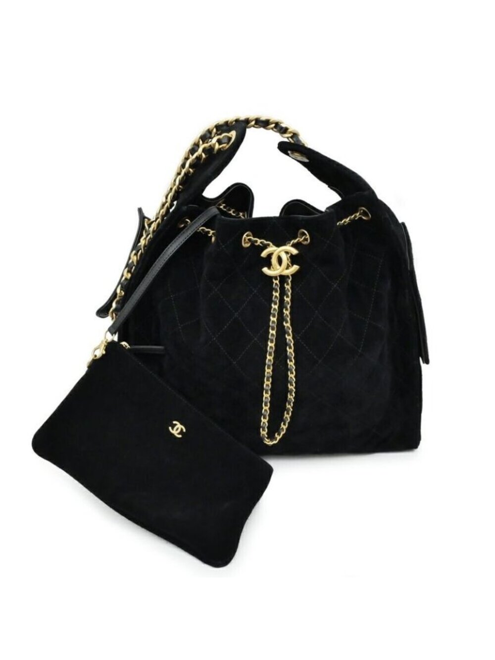 Chanel 25 Medium Handbag As5311 Black Gold Hardware Suede Drawstring Bag